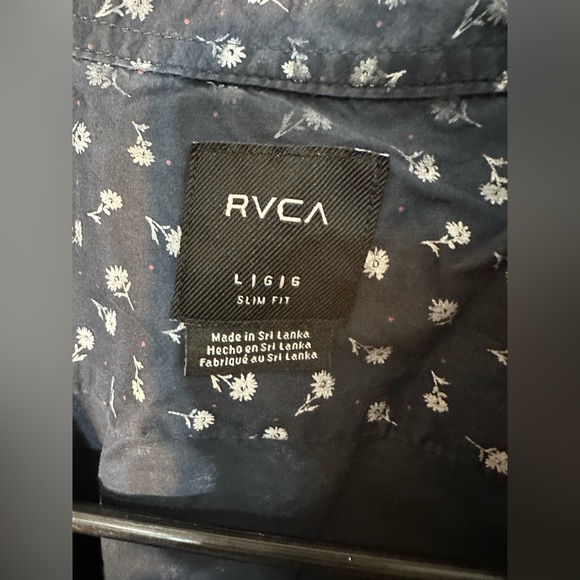 RVCA blue button up shirt floral collar dress men shirt size large - Picture 5 of 9